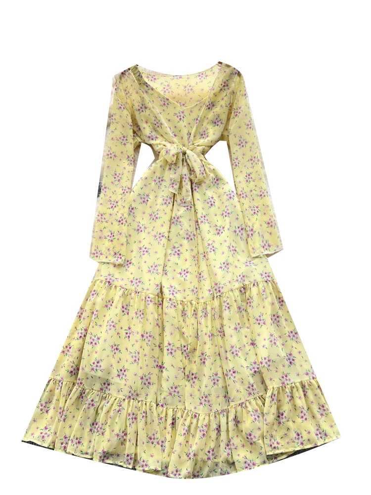 ชุดเดรสยาวปานกลางทรงเอ กระโปรงยาวทรงเอ ผ้าลูกไม้ลายดอกไม้  รุ่นใหม่ปี 2025  พร้อมสายรัดเอว  ทรงเข้ารูป  สไตล์เกาหลี