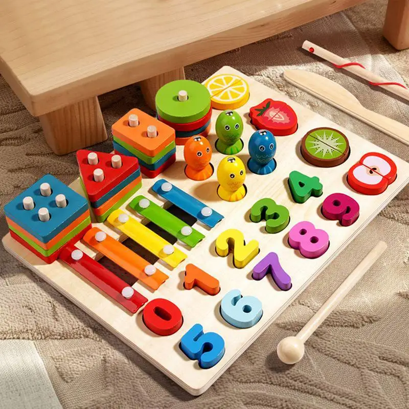 Wooden Shape Learning Puzzles Counting Shape Sorter Stacking Game Developmental Preschool Early Educational Sensory Toy Gifts
