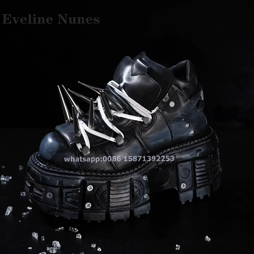 Spike Rivet Platform Lace Up Pumps Round Toe Thick Sole Rock Cyberpunk Motorcycle Boots Black Couple Punk Sneakers 2024 Trend