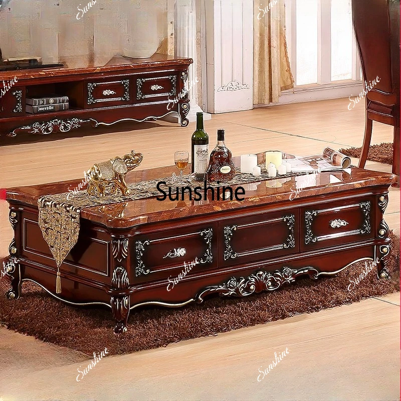 

European marble countertop coffee table, American vintage solid wood carved living room coffee table