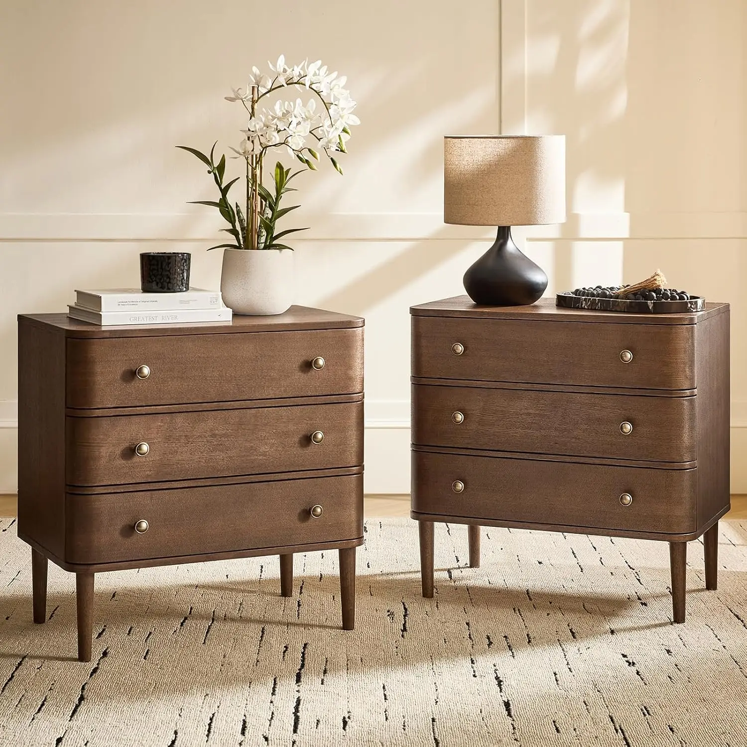 

End Table Set of 2 with Charge Station, 3 Drawer Wood Side Table with Solid Wood Legs & Adjustable Feet, Walnut