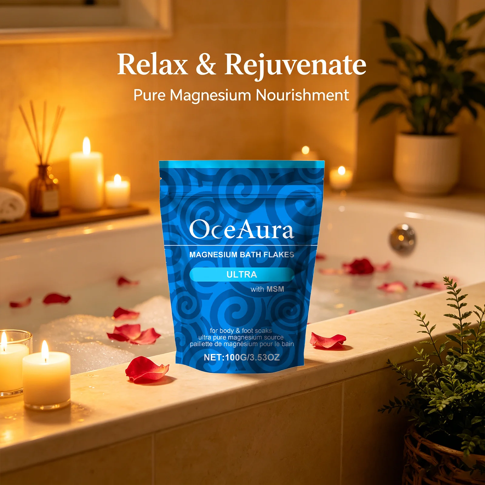 OceAura Magnesium Bath Salt Anti-Stress Relaxation Spa Smooth Skin Soothing Magnesium Bath Flakes for Body & Foot Care Products