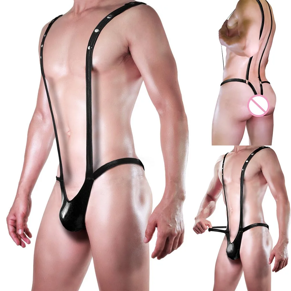 Comfortable Y Shaped Suspender Underwear with Adjustable T Back Thong and Bulge Pouch for Men in Imitation Leather