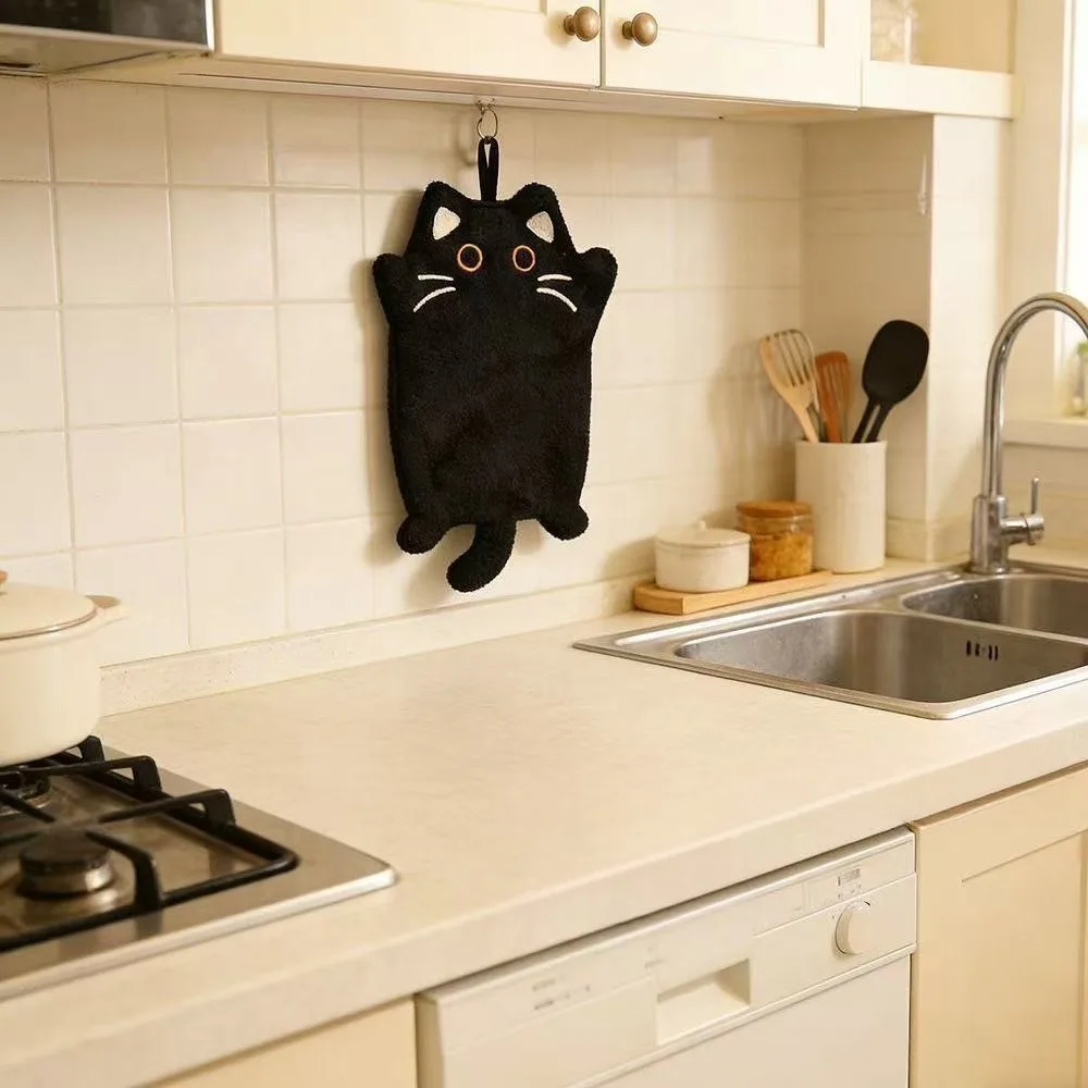 6pcs Cute Black Cat Hanging Style Hand Towels, Made of Thick And Skin-Friendly Material, Water Without Leaving Water Stains