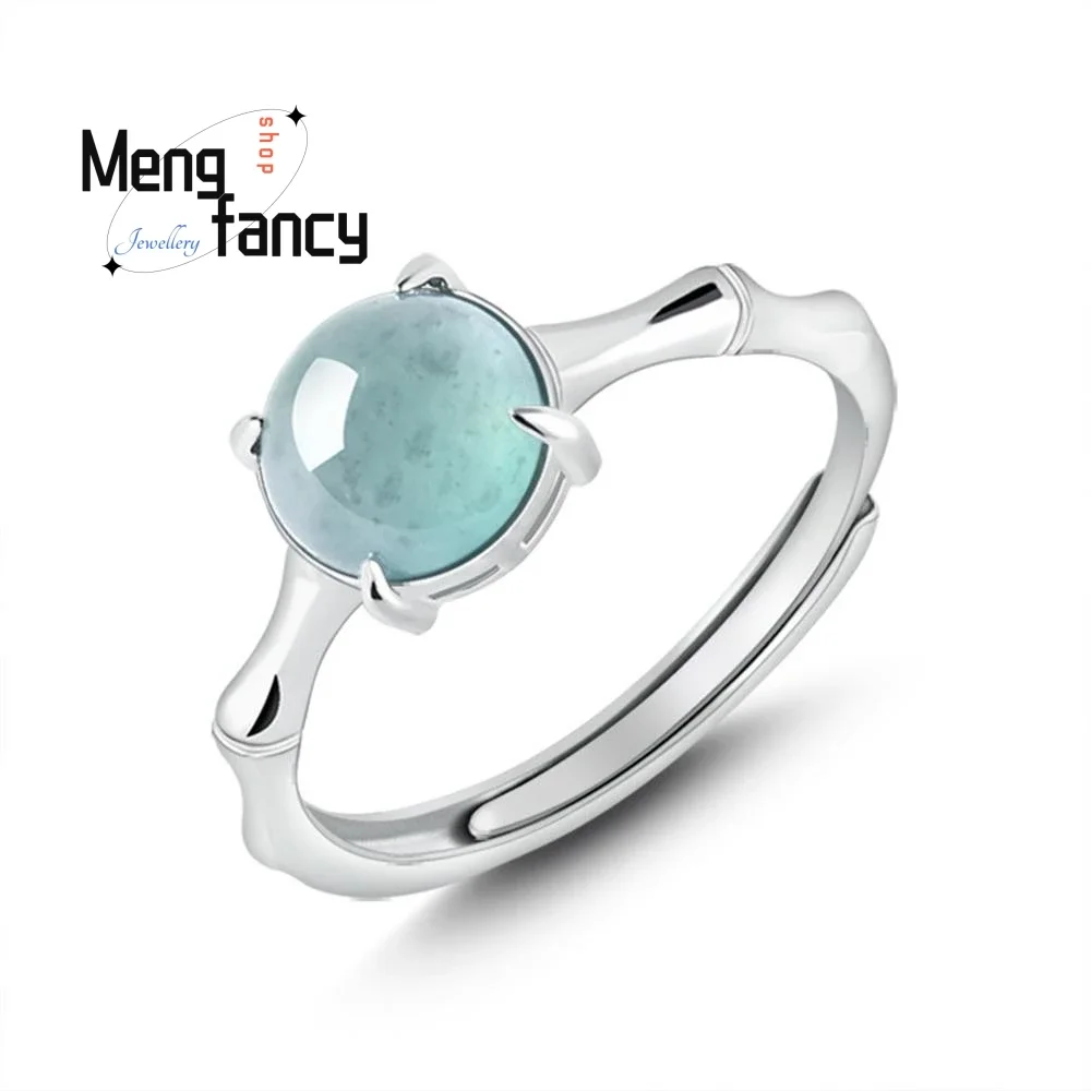 

Natural A-goods Jadeite Blue Water Bamboo Ring Ice Jade S925 Silver Inlaid Couple Promise Luxury Jewelry High-grade Holiday Gift