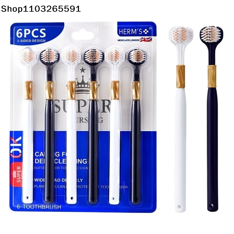 6 Pcs Efficient Cleaning Three Headed Manual Toothbrush Family Soft Bristled Three Sided Toothbrush