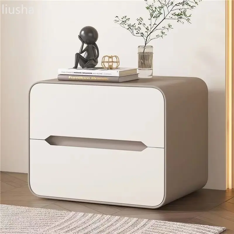 Bedside table bedroom household drawer storage cabinet round solid wood simple cream style new style bedside table black