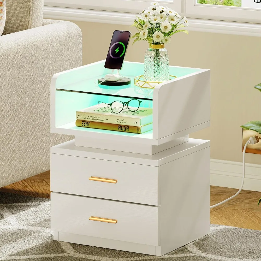 

Nightstand with Charging Station, Nightstands with Glass Top, Bedside Tables with 2 Drawers, LED Nightstand