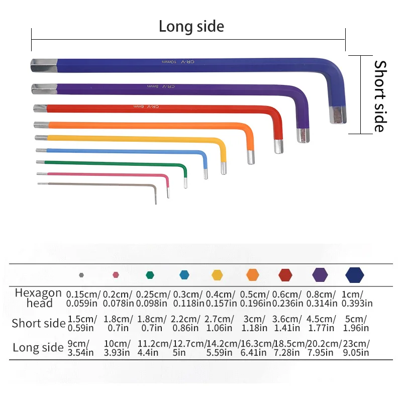Красочный удлиненный шестигранный ключ с плоской головкой, 9 предметов.