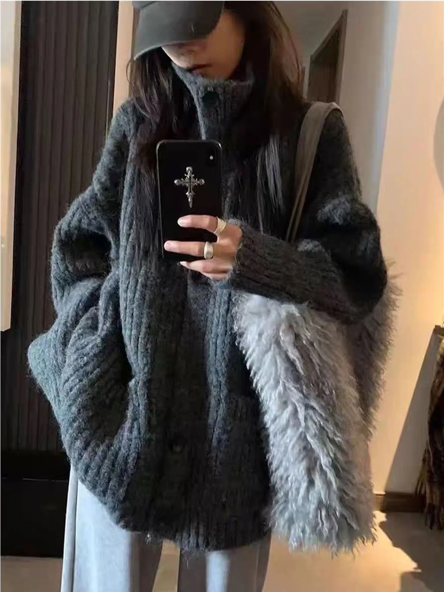 

Cozy Oversized Knitted Cardigan Women's Korean Style High Collar Loose Fit Long Sleeve Fashionable Autumn Winter Outerwear