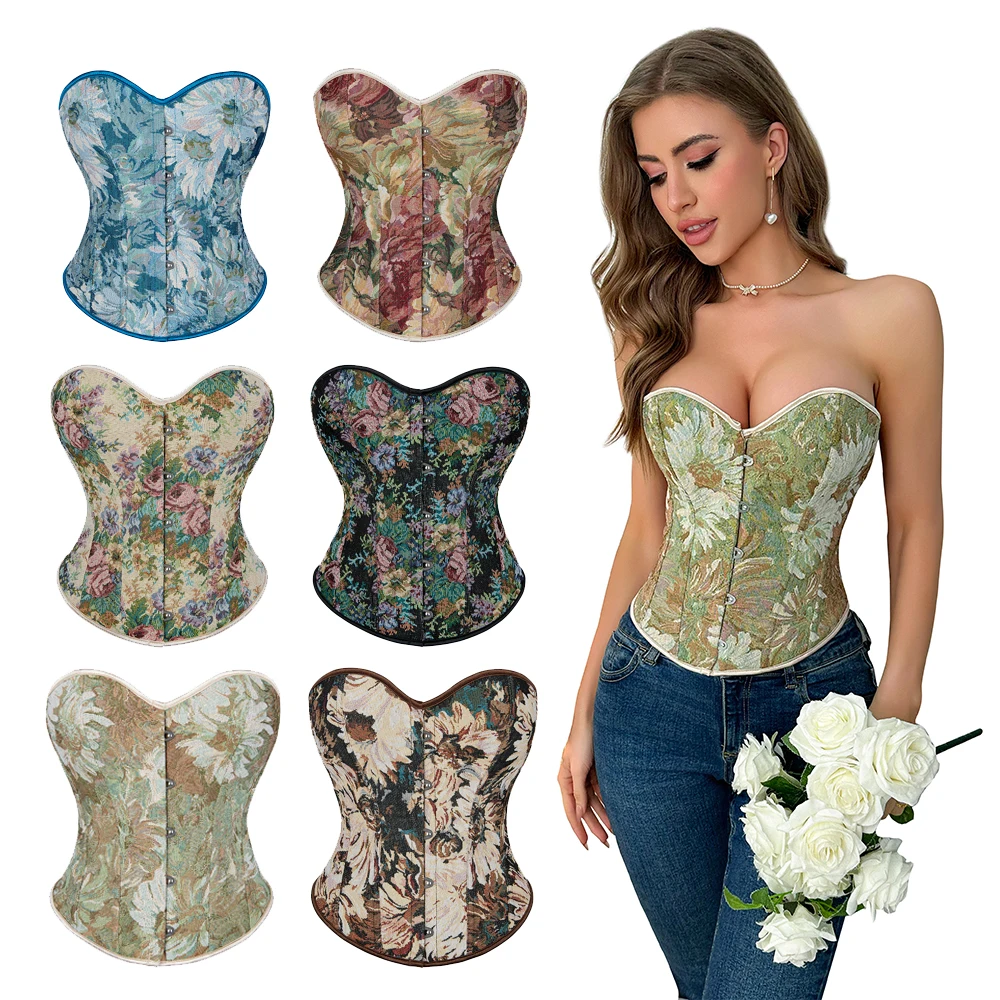 รัดตัวเซ็กซี่ผู้หญิง Bustier Overbust ดอกไม้ Monet ภาพวาดสีน้ํามันชุดชั้นใน Vintage Plus ขนาด Korset Shapers