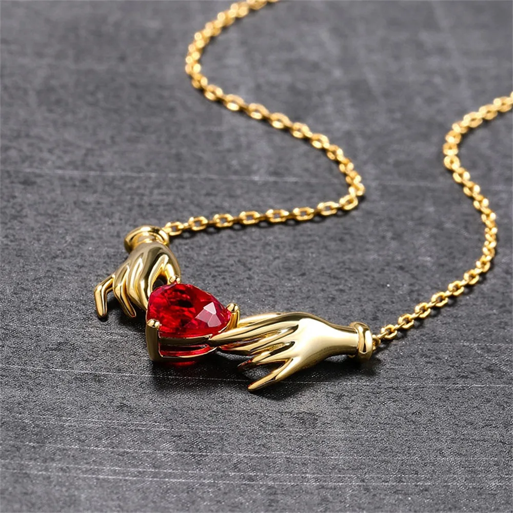 Creative Hands Red Rhinestone Love Heart Charms Pendant Necklace Jewelry Trendy Alloy Zirconia Choker Necklaces Party Gift image 2