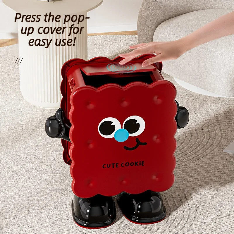 Funny Cookie Face Trash Can, 10l Cute Rolling Waste Bin, Press Lid Garbage Can For Bedroom Dorm Decoration