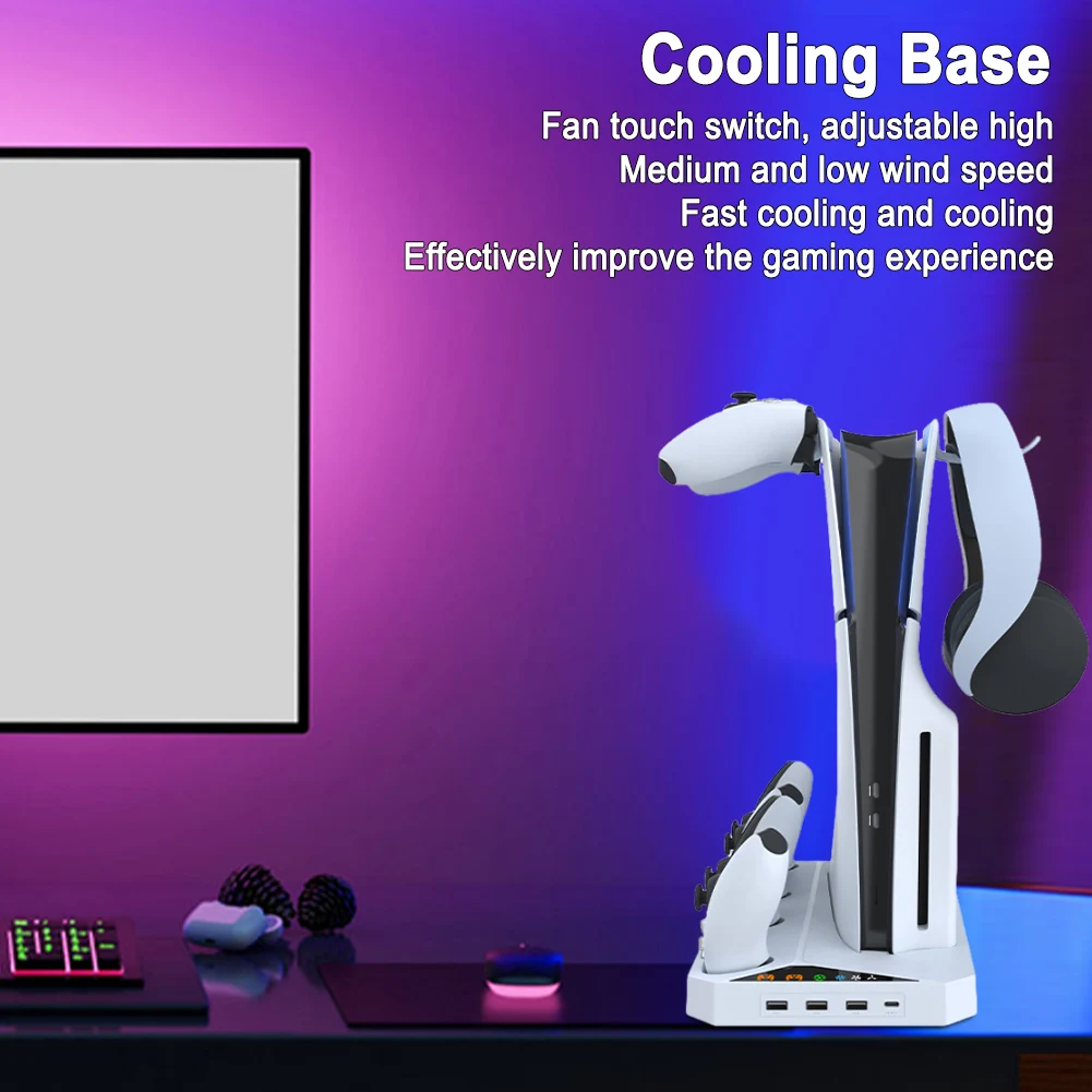 Зарядная док-станция для PS5 Slim с держателем для гарнитуры, зарядная док-станция с двумя контроллерами для Playstation5 Slim Digital/Disc Edition