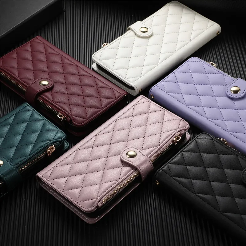 Redmi 14C 13C 13R 12 10 A1 Phone Case for Xiaomi Redmi Note 13 12 11 10 9 Pro Rhombus Grid Long Hanging Rope Flip Wallet Cases