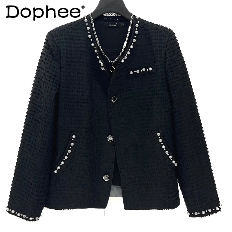 

Men's 2025 Autumn New Pearl Design Trendy Jackets Men's Stylish Tops Fashion Loose Padded Shoulder Button Small Fragrant Coats