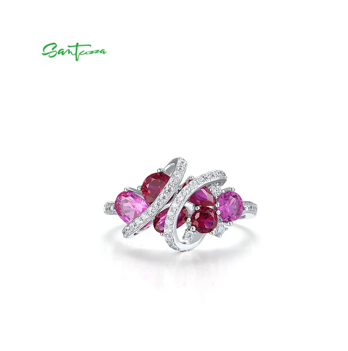 SANTUZZA 925 Sterling Silber Ringe für Damen, Laborgezüchteter Rosa Saphir, Rubin, Weißer CZ-Ring, Glamouröser Hochzeitstrend, Edle Schmuckstücke – Detail 4