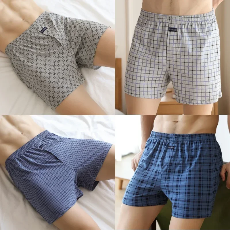 Plus Size 100% Cotton Plaid Boxer Shorts Men Widen Waist Elastic Underwear Loose High Waist Summer Thin Breathable Home Shorts