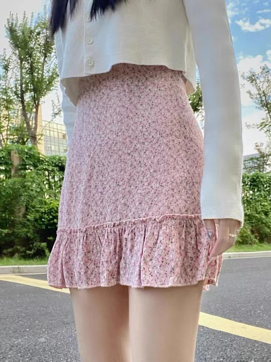 

Pink Floral Print Ruffles Sweet Mini Skirt Woman Summer A-line Slim Short Y2k Faldas Female Preppy Style Cute Skirts Chic