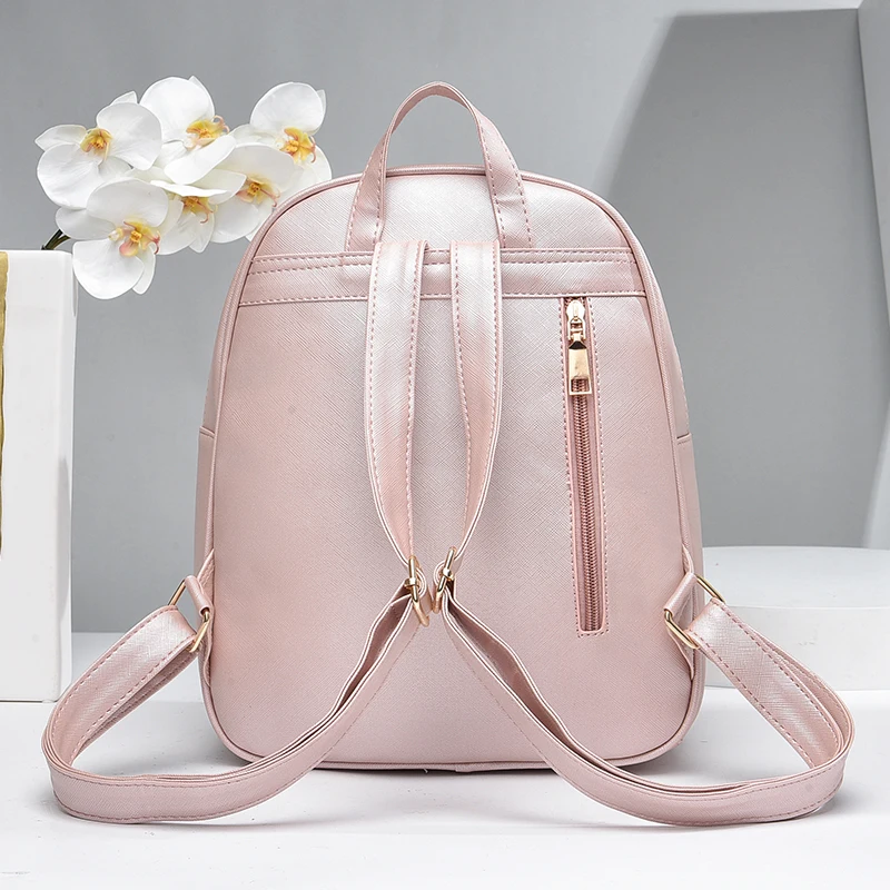 3 sztuki / zestaw Kawaii Cute Striped Faux Leather Backpack - Zapięcie na suwak, Preppy College School Daypack, Womens Casual Travel Commute