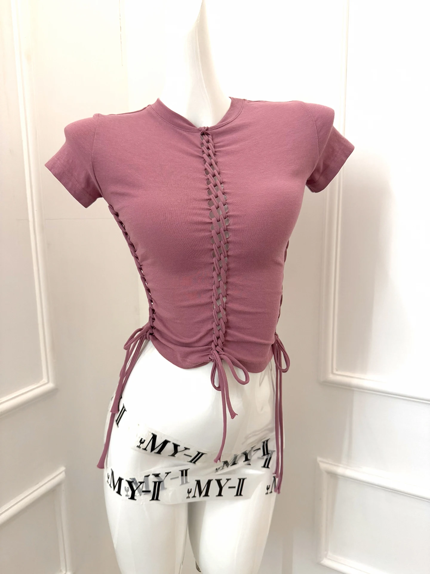 

Original Meysikim High Elastic ort Sve T-irt Women's Top with Bow Tie Casual Sle Slim Fit Cotton round Ne ort Le...