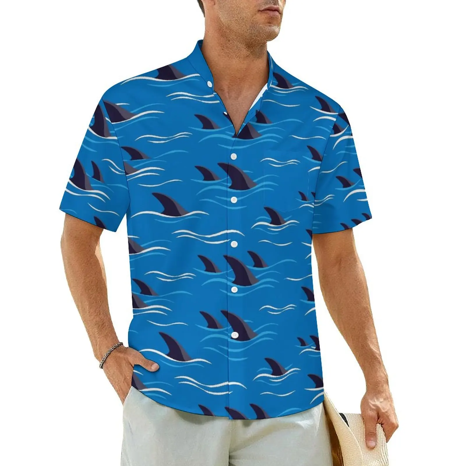 

Shark Fin Print Vacation Shirt Men Waves Elegant Casual Shirts Hawaii Short-Sleeved Fashion Oversize Blouses Birthday Present