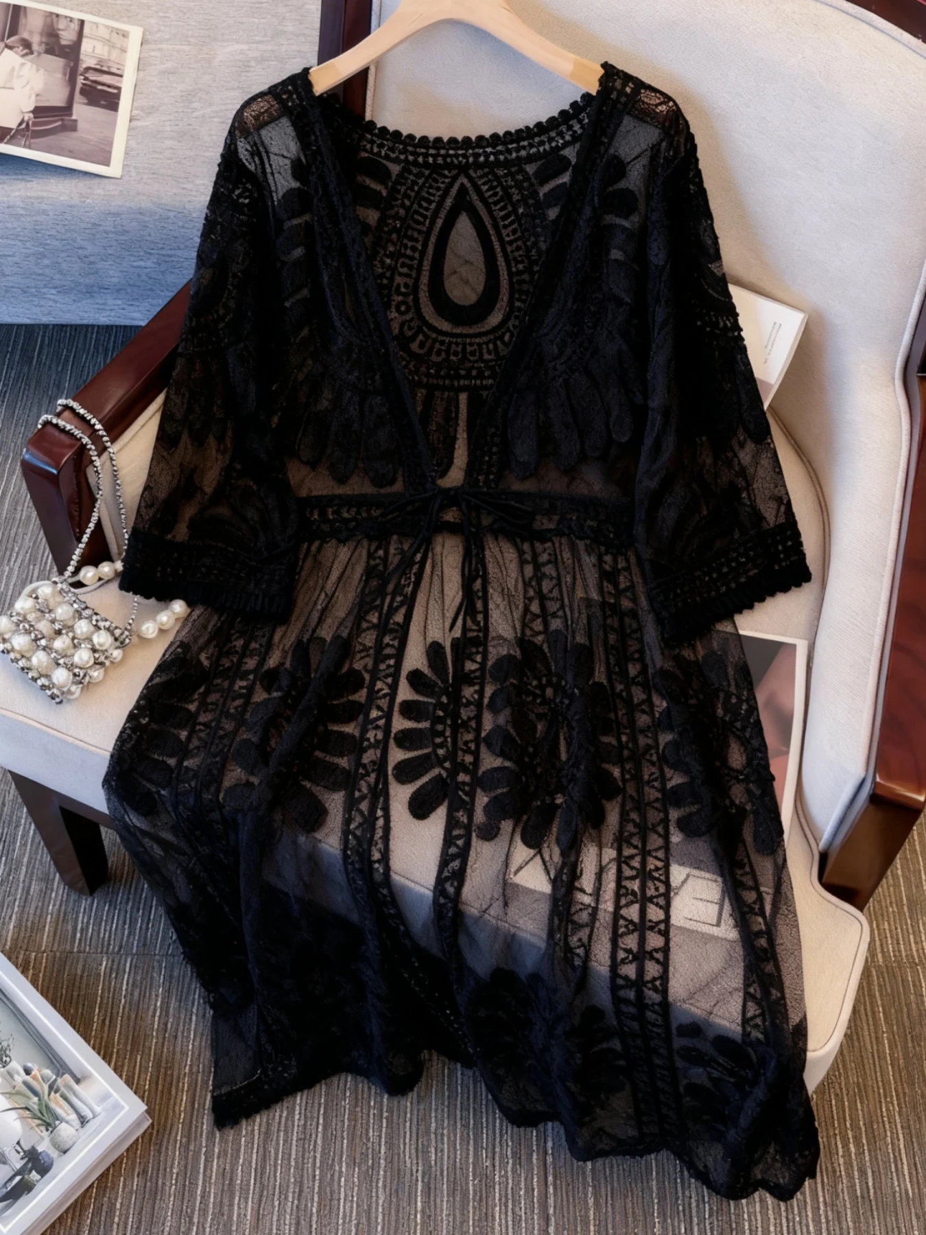 

Summer Women's Beach Bikini Hoodie Bohemian Style Mesh Embroidery Hollow Strap Cardigan Long Top Sunscreen Shirt