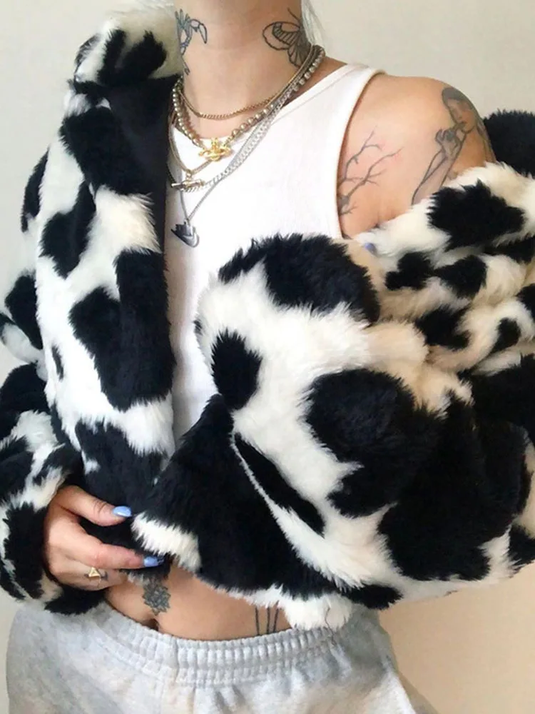 Faux Fur Coat Women Fashion Milk Cow Print Jacket Winter Thick Elegant Warm Fleece Cardigan Jacket Punk Gothic Crop Streetwear