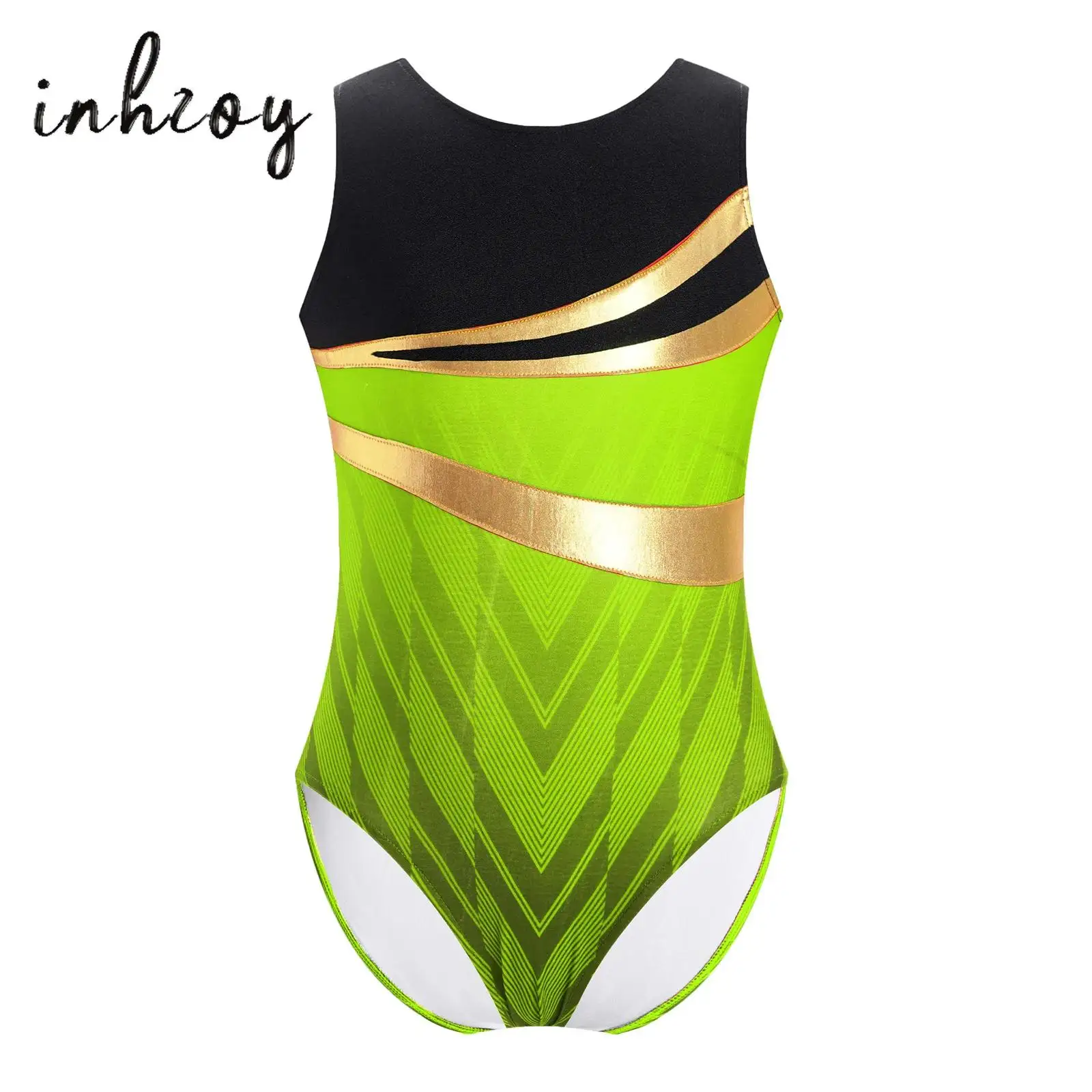 

Boys Girls Geometric Printed Leotard Kids Gymnastics Ballet Dance Performance Costume Color Block Sleeveless Round Neck Bodysuit
