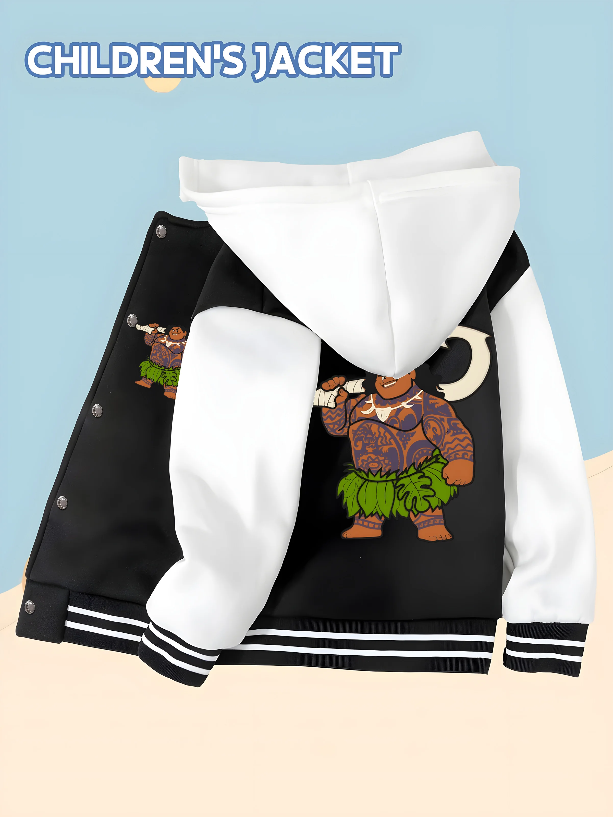 

MINISO Disney Moana Maui Baseball Jacket for Boys - Double-sided Maui adventure print, soft and comfortable for play