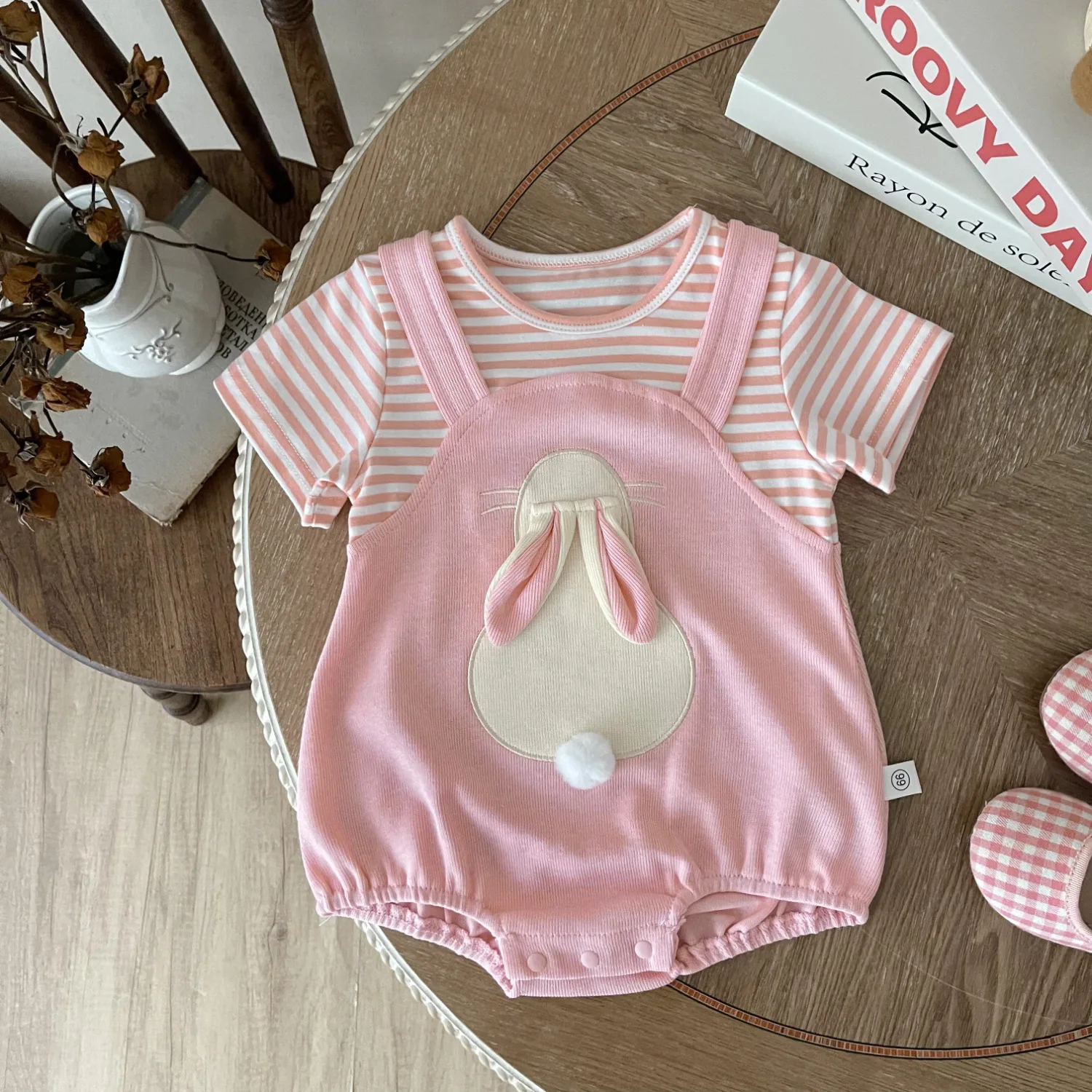 Embroidered Name Children Short Sleeved Cotton Cute Cartoon Rabbit jumpsuit, Personalized Custom Newborn Birth Gift Jumpsuit