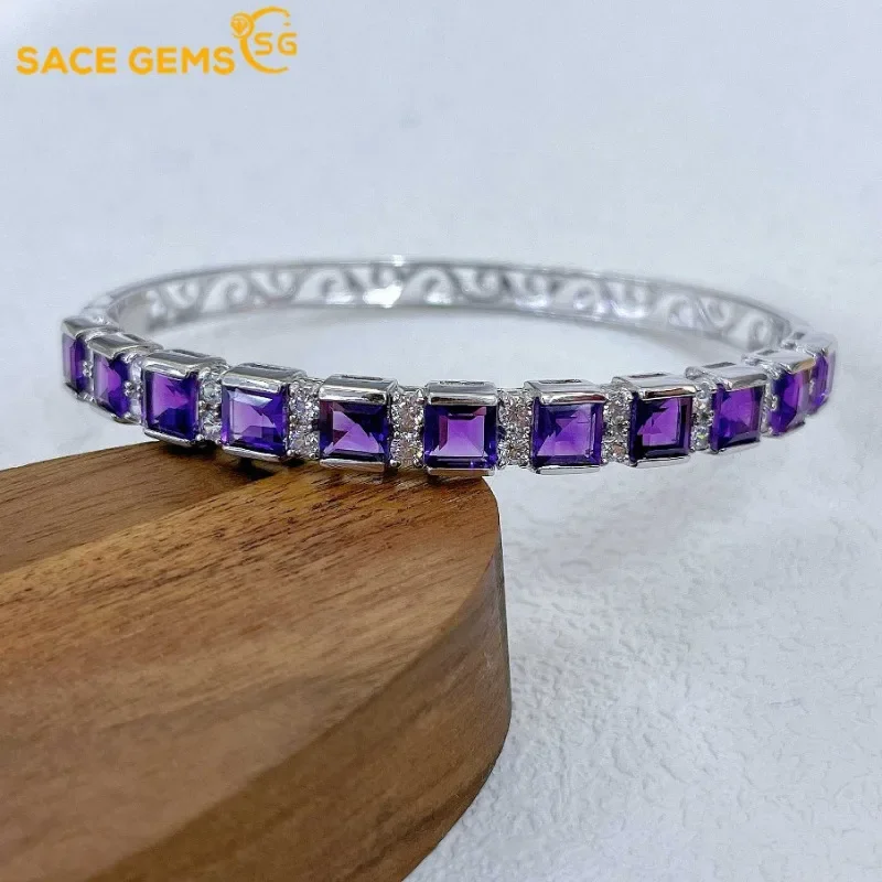 SACE GEMS New Certified 5*5mm Natural Amethyst Bracelets 925 Sterling Silver 18cm for Women Engagement Party Fine Jewelry Gift