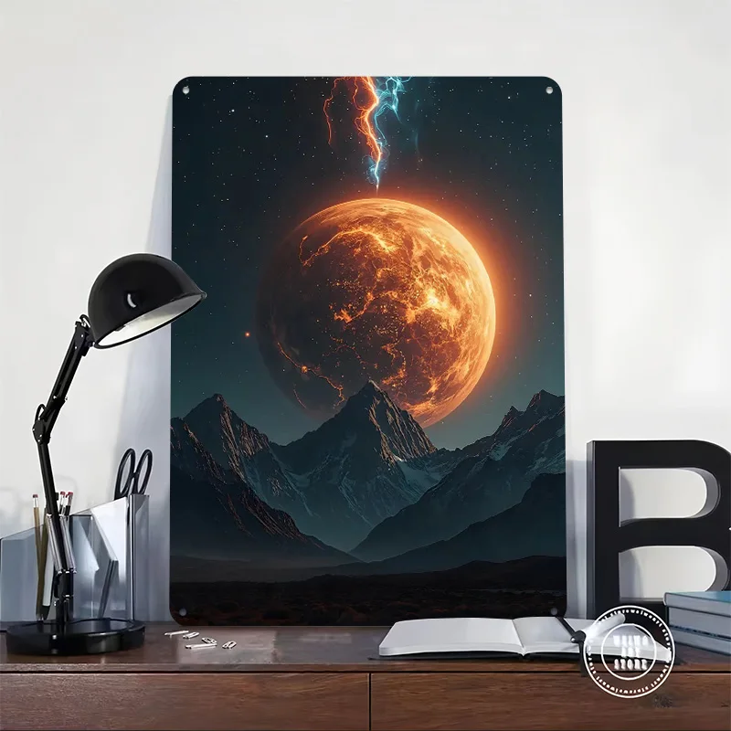 كوكب ناري فوق نطاق الجبال ملصق معدني علامات القصدير ديكور مكتب علامة معدنية مخصصة لملحقات شريط الديكور الفني الجداري
