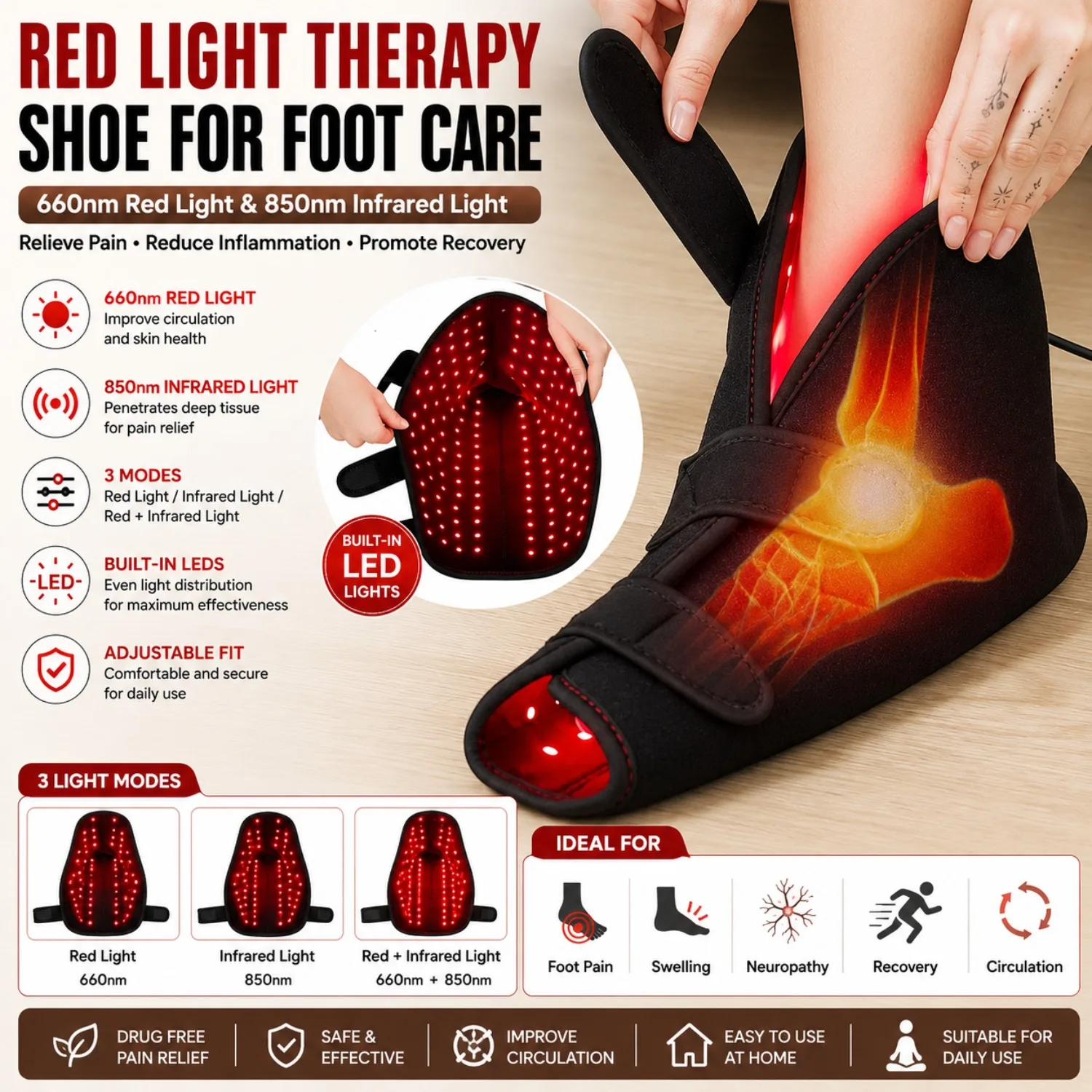 

Red Light Foot Care Wrap for Feet, 660nm & 850nm Light, 3 Modes Adjustable Foot Support Wrap for Daily Comfort