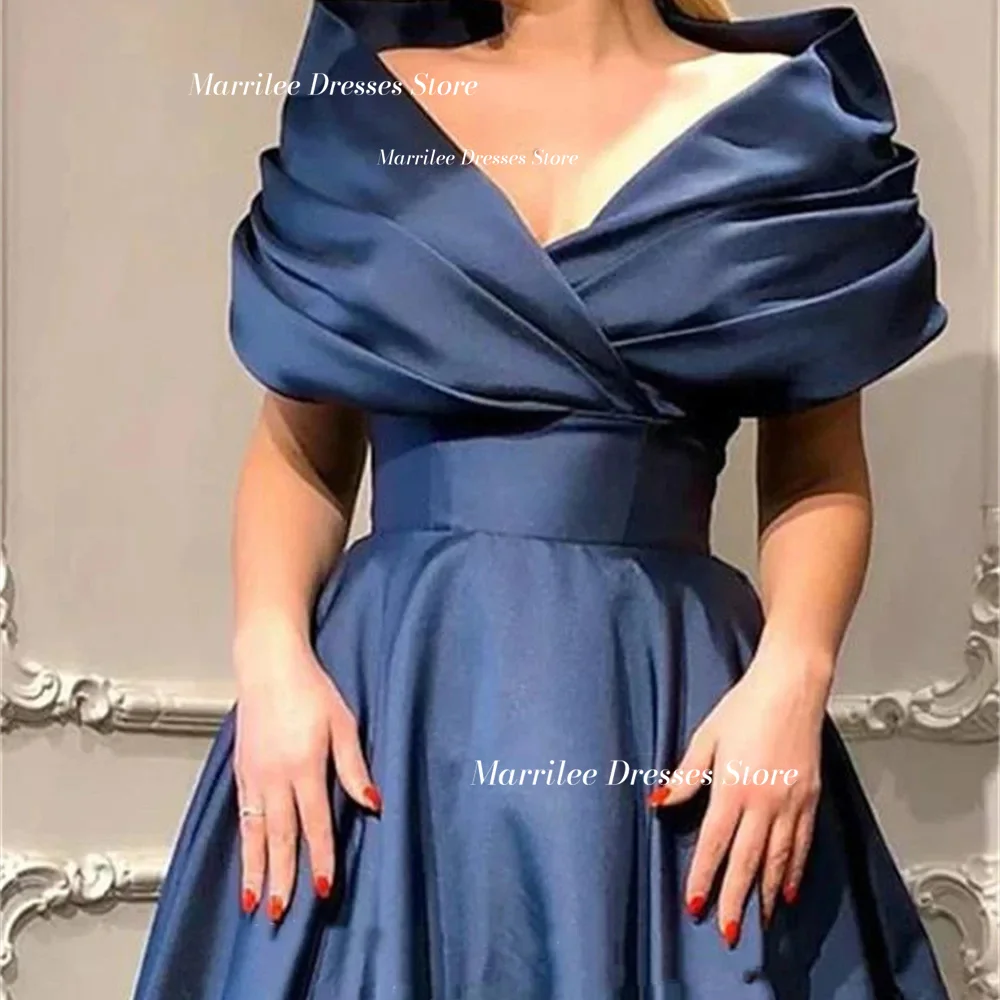 Marrilee Elegant Dark Blue Stain Off The Shoulder A-Line V-Neck Evening Dresses Simple Floor Length Prom Gowns Formal Occasions