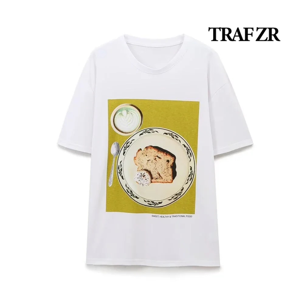 

TRAF ZR Classic Woman T-shirts COTTON High Street O-NECK Tees Harajuku Graphic Print Short Sleeve Tops T Shirt Women Y2k Top