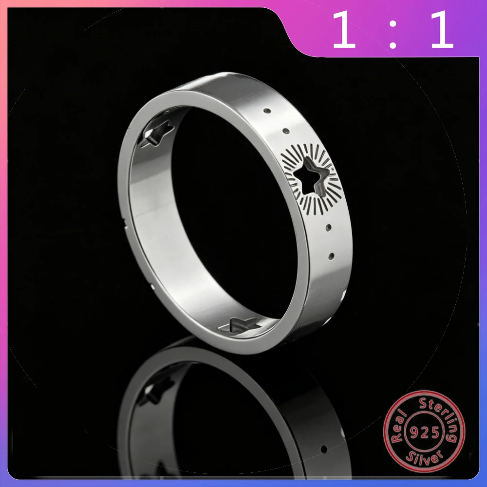 

S925 Silver High Version Light Luxury Fashion Trendy Niche Versatile Retro Letter Hollow Star Ring Ring