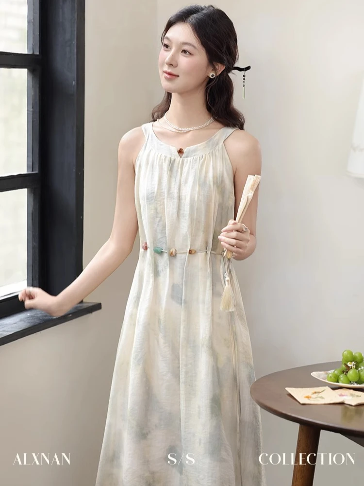 

ALXNAN Women's Sleeveless Dress Long Green Smudge Beaded Beltshe Dress 2025 Summer Holiday Beach Elegant Female Clothing L38701