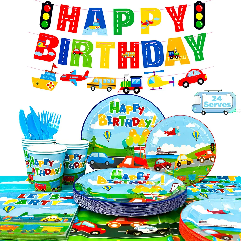 Transportation Bus Party Supplies Disposable Transportation Tablecloth Paper Plates Cups Happy Birthday Banner Decorations