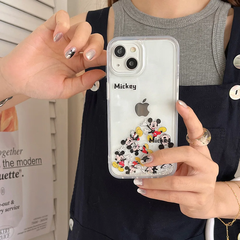 Cute Cartoon Disneies Mickey Luxury Quicksand Phone Case for IPhone 15 14 13 12 11 Pro Max Drop-resistant Clear Back Cover Funda