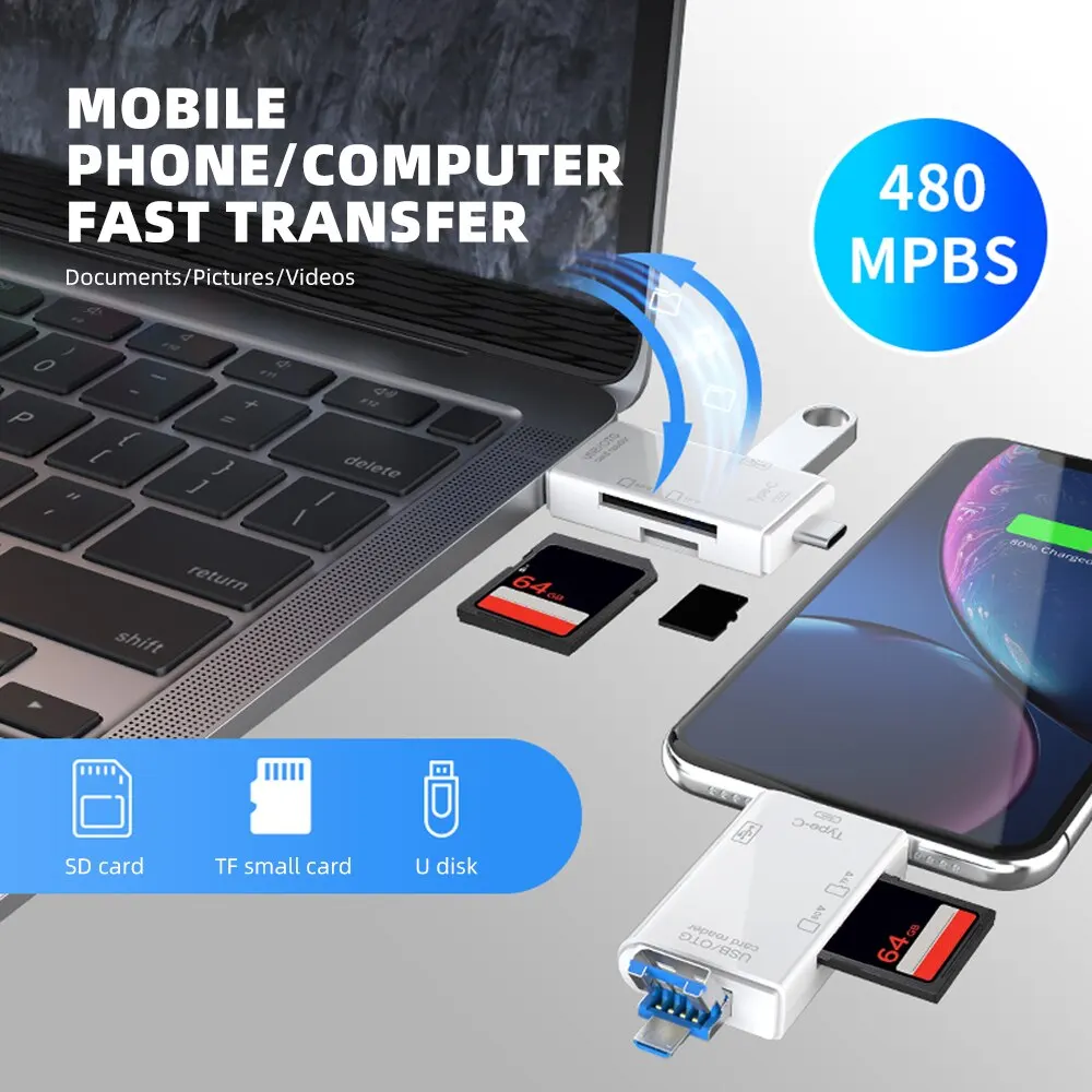 Tutew 6 في 1 متعددة الوظائف OTG قارئ بطاقات SD USB2.0 Type-C/TF/SD بطاقة الذاكرة قارئ البطاقات الذكية لمحول ملحقات الكمبيوتر المحمول #6
