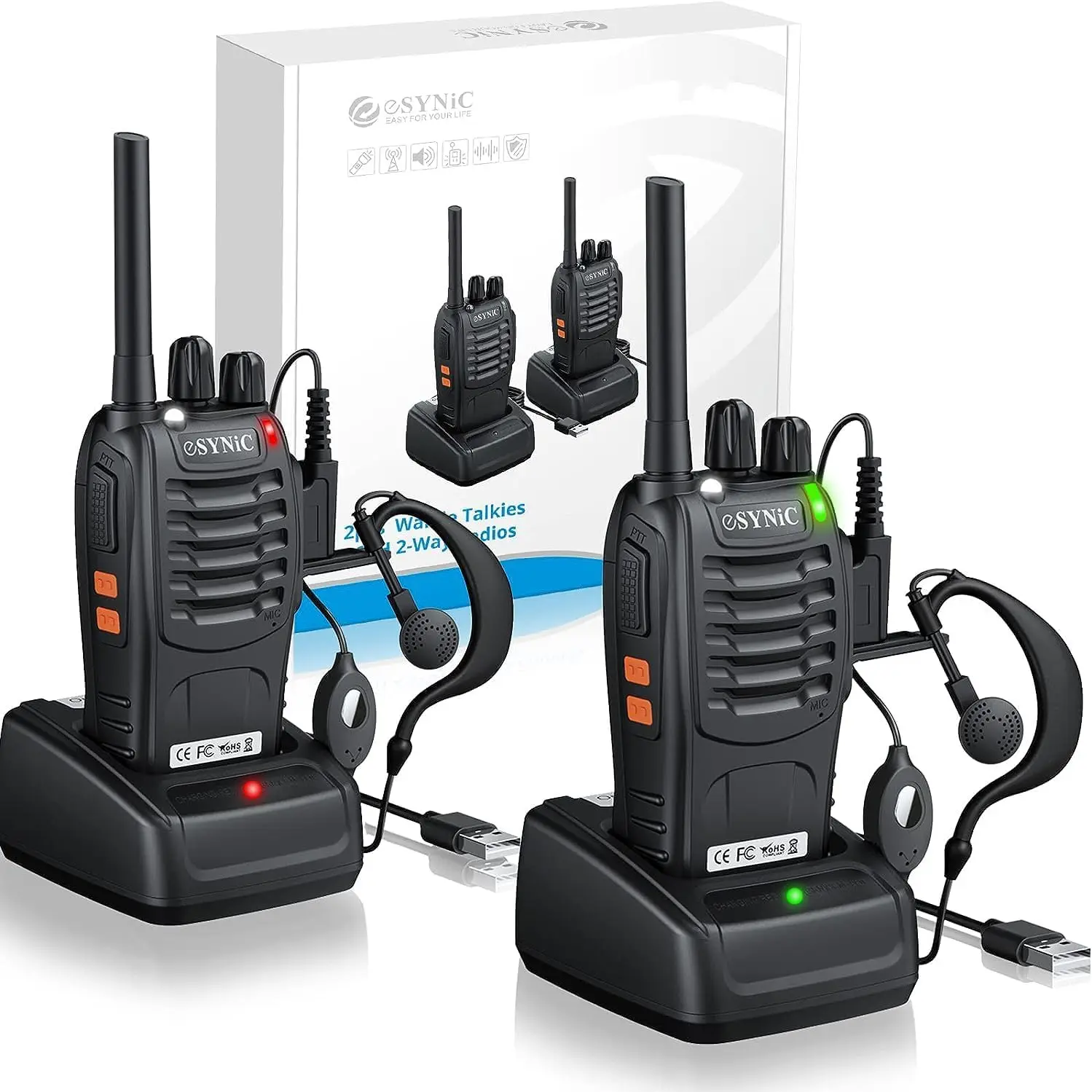 

eSynic 2-Pack Pro Walkie Talkies,5KM Range,16CH,Rechargeable,VOX,Earpieces,Great for Adults & Kids.