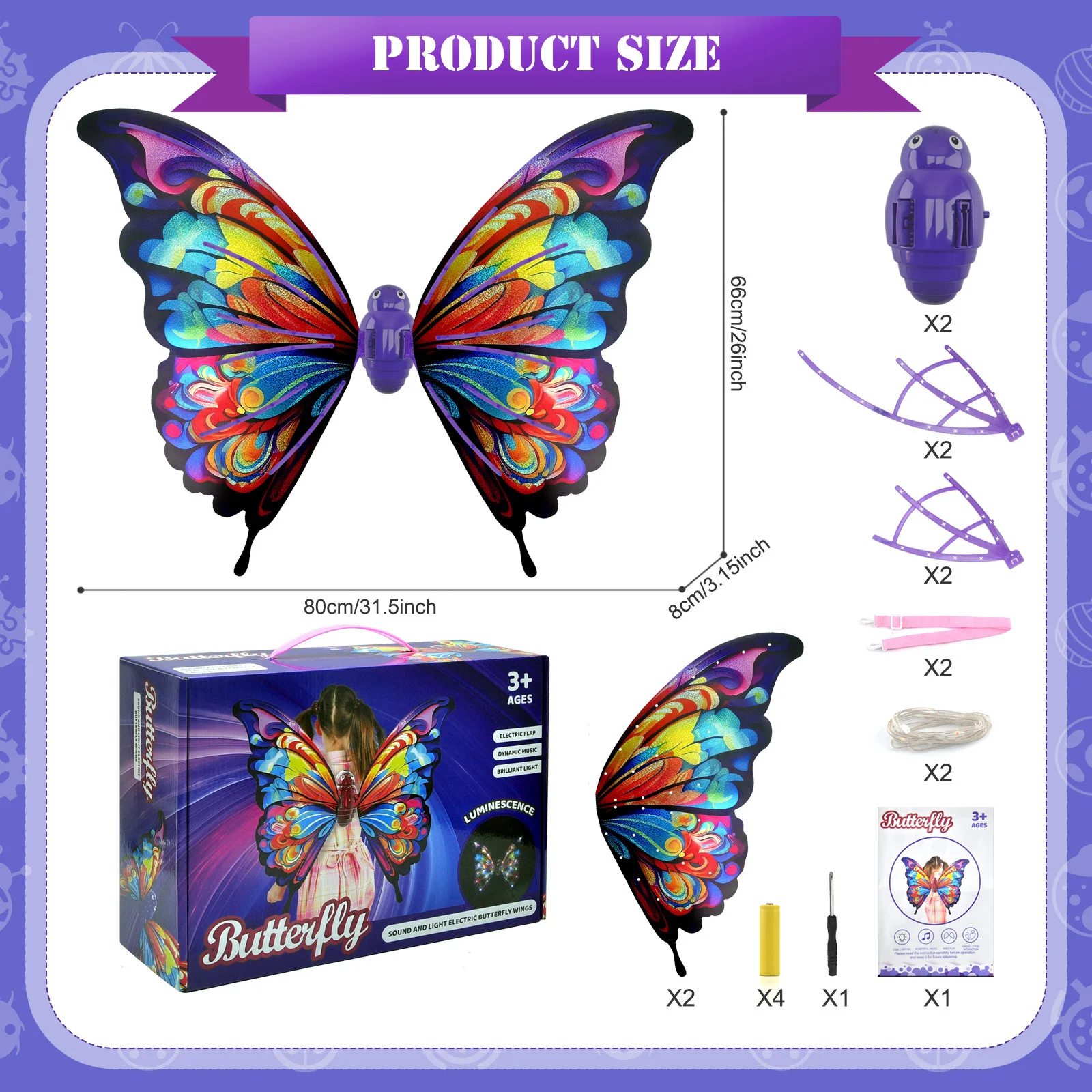 Juguete eléctrico de ala de mariposa para niños con luces LED y música para niñas, alas móviles iluminadas para regalos de cumpleaños o Navidad