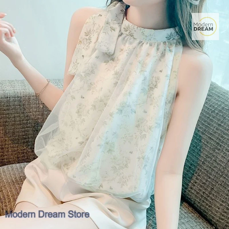 

French style floral sleeveless vest chiffon shirt women's spring and summer new niche temperament off-the-shoulder neck coat