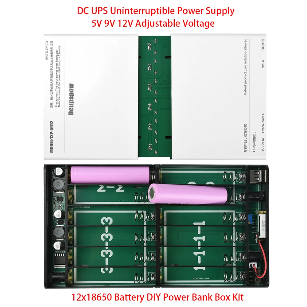 DC UPS 12x18650 Battery Uninterruptible Power Supply 5V 9V 12V Adjustable Voltage Optical Modem Router DIY Power Bank Box Kit