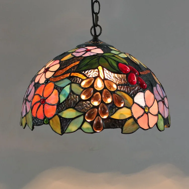 

12-Inch Retro Art Grape Flower Design LED Chandelier Tiffany Stained Glass Dining Room Bedroom Chandelier