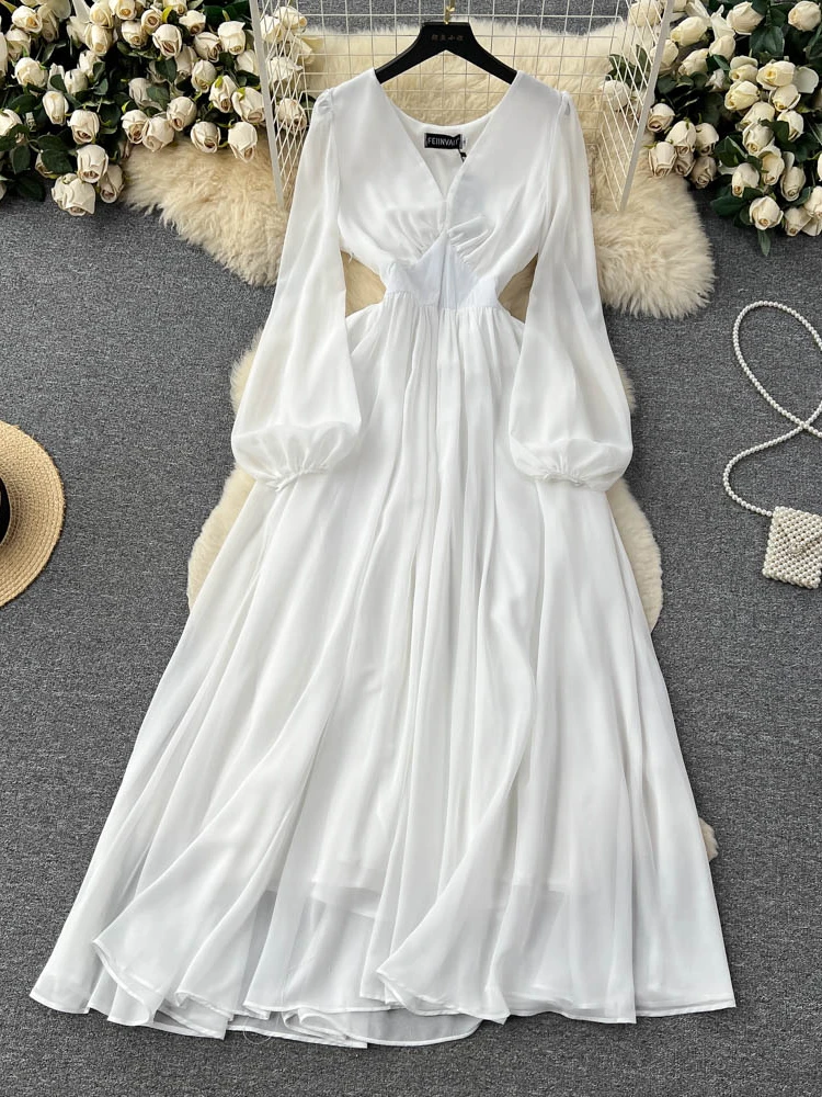 Vestido de malla blanco para mujer, traje largo transparente de manga larga con cuello en V, elegante, para fiesta, primavera y verano