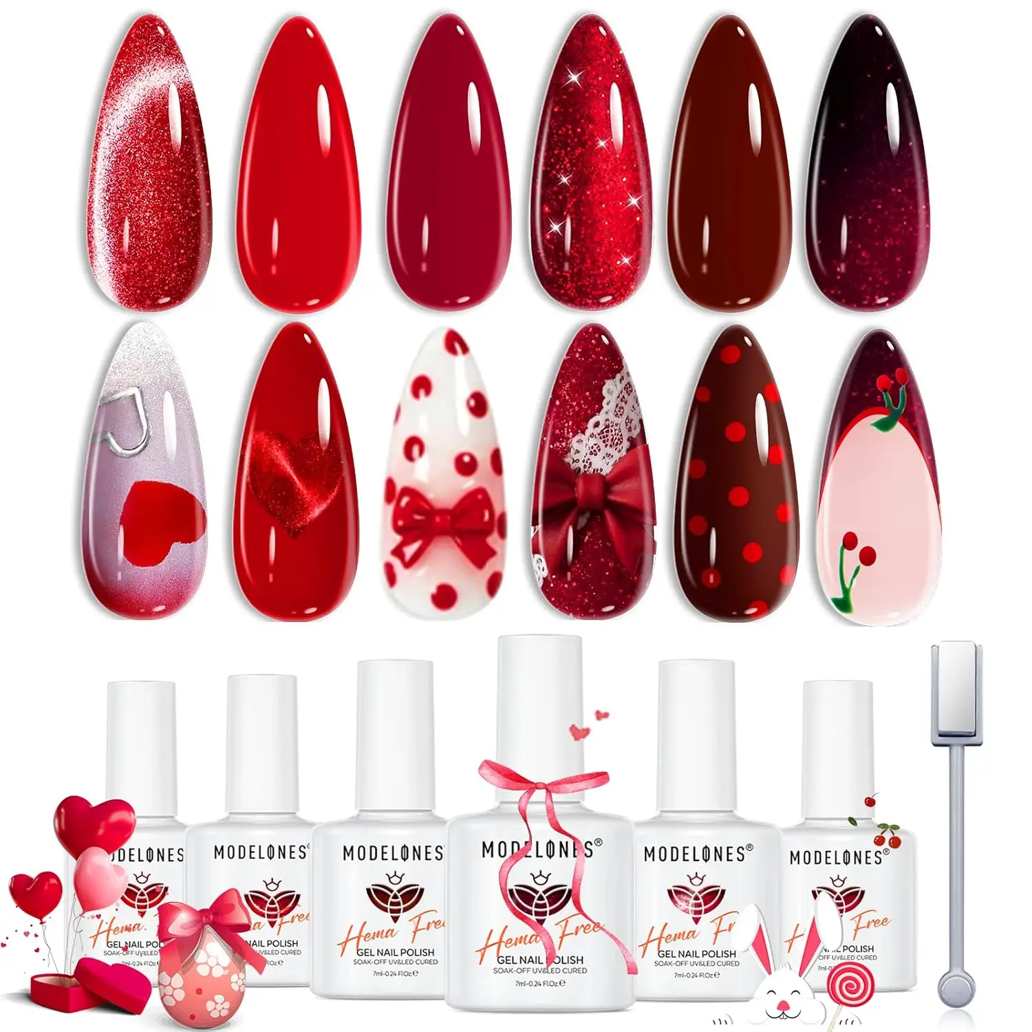 

modelones Red Gel Nail Polish Set 6 Colors Burgundy Cherry Dark Red Cat Eye Glitter Color Changing 2026 Spring Hema&TPO Free