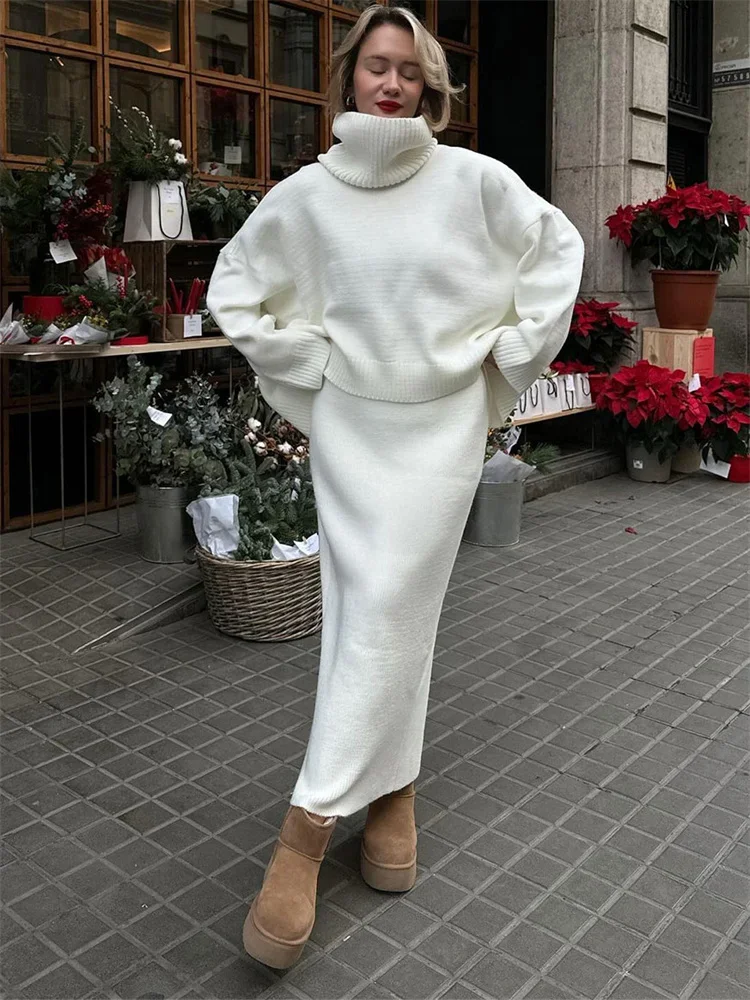 

Autumn Knit Sweater 2 Piece-Set Long Skirt Women Loose Turtleneck Pullover And Ribbed Skirt Sets Female Knitwear Outfits