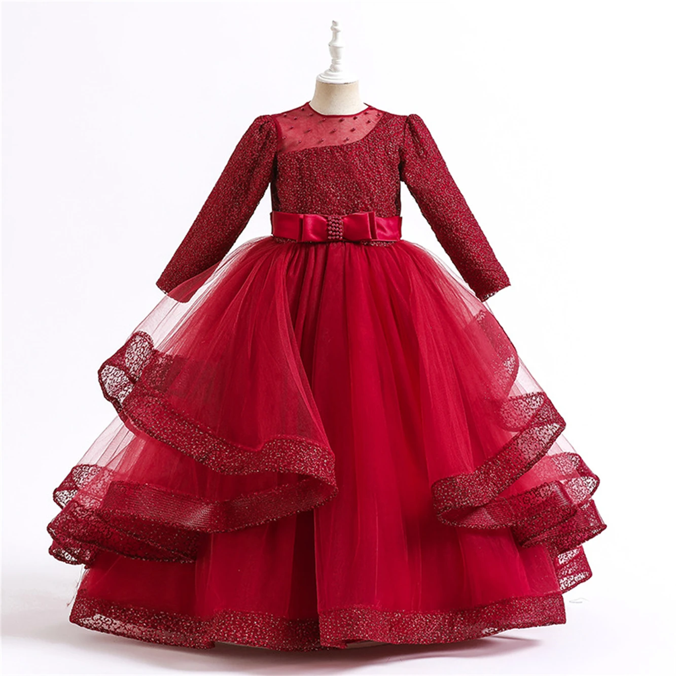 

Children's Long Dress New Autumn Long-Sleeved Sequined Beaded Mesh Fluffy Princess Dress Birthday Party Evening Dress